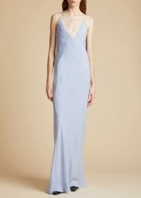 KHAITE THE CARINA DRESS in Peri | pale blue maxi slip dresses | elegant floor length occasion clothes | plunge front evening fashion | spaghetti shoulder straps