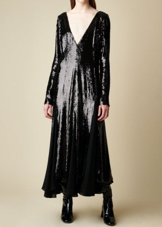 KHAITE THE ROVA DRESS in Black Sequin | sequinned deep plunge front occasion dresses