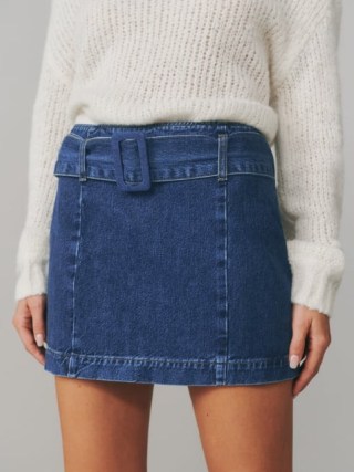 Reformation Tia Belted Mini Skirt in Indio – blue denim skirts – women’s sustainable fashion - flipped