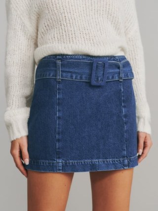 Reformation Tia Belted Mini Skirt in Indio – blue denim skirts – women’s sustainable fashion