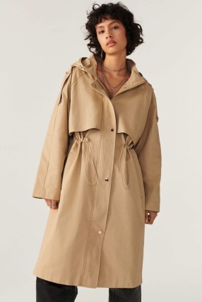ba&sh ted trench coat in brown ~ women’s stylish hooded drawstring waist coats ~ casual winter style ~ oversized fit outerwear