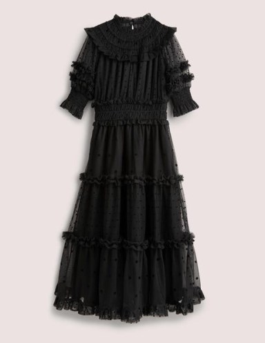 Boden Tulle Ruffle Midi Party Dress in Black – romantic ruffled semi sheer occasion dresses – frill trimmed tiers
