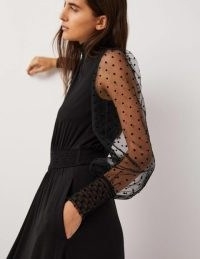 Boden Tulle Sleeve Midi Party Dress in Black / sheer sleeved occasion dresses / polka dot sleeves