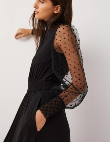 Boden Tulle Sleeve Midi Party Dress in Black / sheer sleeved occasion dresses / polka dot sleeves