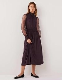 Boden Tulle Sleeve Midi Party Dress in Fig / sheer sleeved occasion dresses