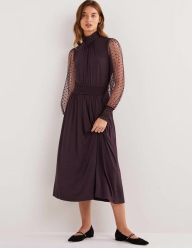 Boden Tulle Sleeve Midi Party Dress in Fig / sheer sleeved occasion dresses - flipped