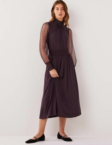 Boden Tulle Sleeve Midi Party Dress in Fig / sheer sleeved occasion dresses