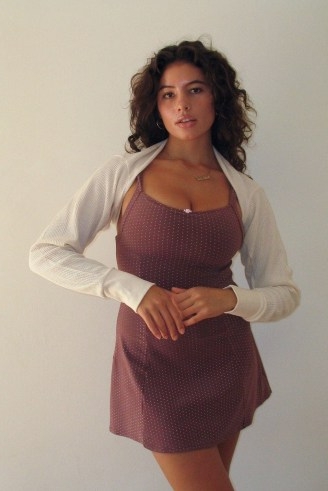 FRANKIES BIKINIS Valentina Terry Polka Dot Dress in Chocolate ~ brown spot print cami strap dresses