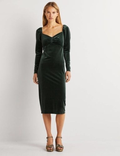 Boden Velvet Jersey Midi Dress Onyx Green – long sleeve sweetheart neckline evening dresses - flipped