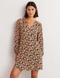 Boden V-Neck Tea Dress in Almond Pink Flora Illusion / women’s long sleeved fit and flare day dresses