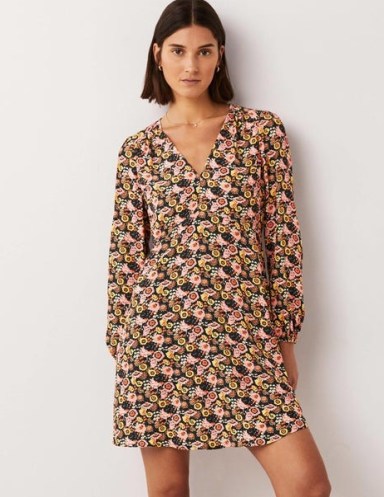 Boden V-Neck Tea Dress in Almond Pink Flora Illusion / women’s long sleeved fit and flare day dresses - flipped