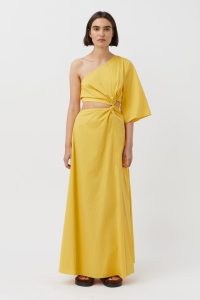 CAMILLA AND MARC Wally Dress in Honey – yellow one shoulder maxi dresses – waist cut out detail – modern asymmetrical clothes