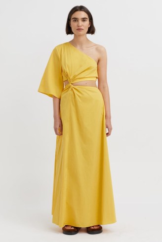 CAMILLA AND MARC Wally Dress in Honey – yellow one shoulder maxi dresses – waist cut out detail – modern asymmetrical clothes - flipped