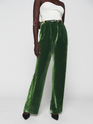 Reformation Wes Velvet Pant Palm Green – women’s high rise relaxed fit trousers – womens menswear inspired evening fashion - flipped