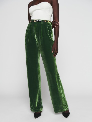 Reformation Wes Velvet Pant Palm Green – women’s high rise relaxed fit trousers – womens menswear inspired evening fashion