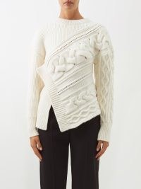 ALEXANDER MCQUEEN Asymmetric cable-knit wool sweater in ivory ~ women’s designer knits ~ womens chic sweaters