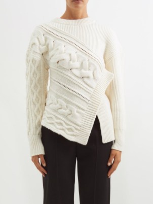 ALEXANDER MCQUEEN Asymmetric cable-knit wool sweater in ivory ~ women’s designer knits ~ womens chic sweaters - flipped