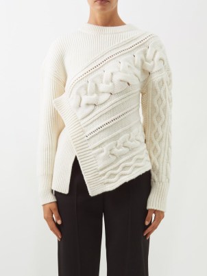 ALEXANDER MCQUEEN Asymmetric cable-knit wool sweater in ivory ~ women’s designer knits ~ womens chic sweaters