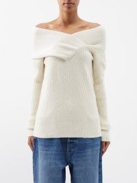 RAEY Off-shoulder responsible-cashmere blend sweater in ivory | bardot sweaters with wrap style neckline