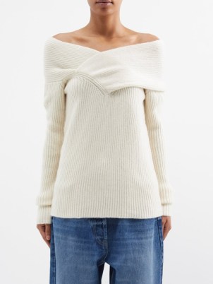 RAEY Off-shoulder responsible-cashmere blend sweater in ivory | bardot sweaters with wrap style neckline - flipped
