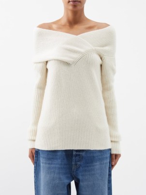 RAEY Off-shoulder responsible-cashmere blend sweater in ivory | bardot sweaters with wrap style neckline