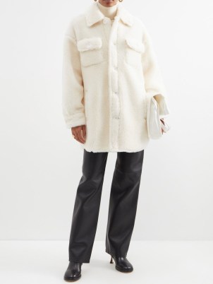 STAND STUDIO Sabi faux-shearling jacket in white ~ women’s textured faux fur winter shirt style jackets ~ curved hem - flipped