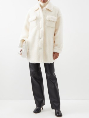 STAND STUDIO Sabi faux-shearling jacket in white ~ women’s textured faux fur winter shirt style jackets ~ curved hem