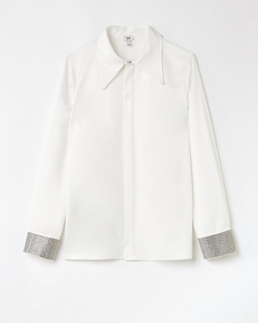 RIVER ISLAND WHITE SATIN DIAMANTE LONG SLEEVES SHIRT ~ women’s luxe style embellished cuff shirts - flipped