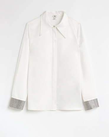 RIVER ISLAND WHITE SATIN DIAMANTE LONG SLEEVES SHIRT ~ women’s luxe style embellished cuff shirts
