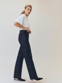 Reformation Wilder Cargo High Rise Wide Leg Jeans in Rinse | women’s dark blue denim fashion