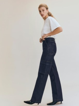 Reformation Wilder Cargo High Rise Wide Leg Jeans in Rinse | women’s dark blue denim fashion - flipped