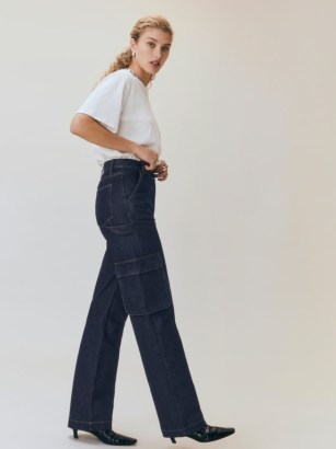 Reformation Wilder Cargo High Rise Wide Leg Jeans in Rinse | women’s dark blue denim fashion