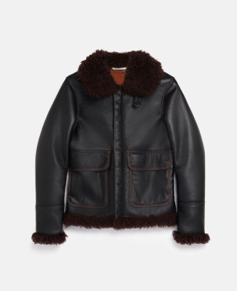 STELLA MCCARTNEY Alter Mat Bomber Jacket in Black & Ginger – women’s luxe vegan winter outerwear – womens faux leather jackets - flipped
