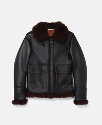 STELLA MCCARTNEY Alter Mat Bomber Jacket in Black & Ginger – women’s luxe vegan winter outerwear – womens faux leather jackets
