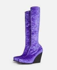 STELLA MCCARTNEY Cowboy Crushed Velvet Knee-High Boots in Violet – luxe retro inspired footwear – chunky cuban heels – women’s vegan footwear