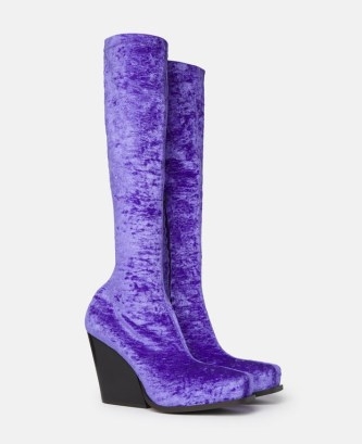 STELLA MCCARTNEY Cowboy Crushed Velvet Knee-High Boots in Violet – luxe retro inspired footwear – chunky cuban heels – women’s vegan footwear - flipped