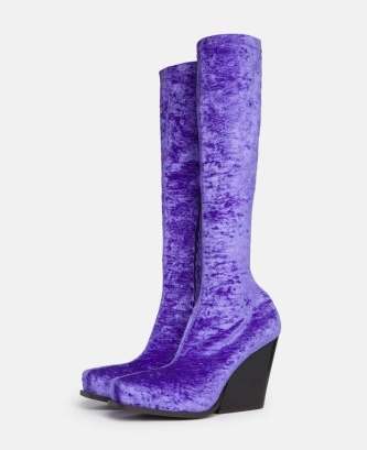STELLA MCCARTNEY Cowboy Crushed Velvet Knee-High Boots in Violet – luxe retro inspired footwear – chunky cuban heels – women’s vegan footwear