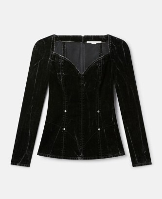 STELLA MCCARTNEY Velvet Denim Sweetheart Top Washed Black | women’s organic cotton blend clothes | deep V-neck plunge front tops