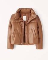 Abercrombie & Fitch A&F Vegan Leather Mini Puffer in Brown – womens luxe style water-resistant faux leather jackets – women’s on-trend padded outerwear - flipped
