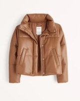 Abercrombie & Fitch A&F Vegan Leather Mini Puffer in Brown – womens luxe style water-resistant faux leather jackets – women’s on-trend padded outerwear