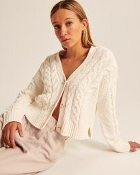 Abercrombie & Fitch Chenille Short Cardigan in White | women’s luxe style button up cable knit cardigans