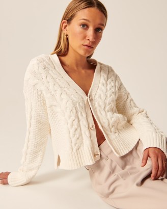 Abercrombie & Fitch Chenille Short Cardigan in White | women’s luxe style button up cable knit cardigans - flipped