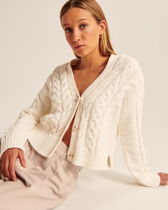Abercrombie & Fitch Chenille Short Cardigan in White | women’s luxe style button up cable knit cardigans