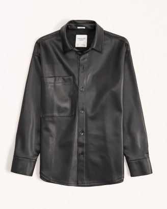 Abercrombie & Fitch Oversized Vegan Leather Shirt Jacket in Black – women’s faux leather drop shoulder overshirts – womens relaxed fit drop shoulder shackets - flipped