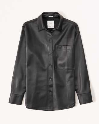 Abercrombie & Fitch Oversized Vegan Leather Shirt Jacket in Black – women’s faux leather drop shoulder overshirts – womens relaxed fit drop shoulder shackets
