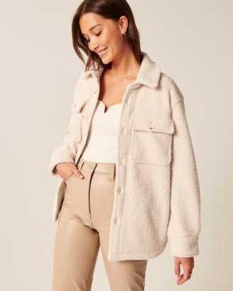 Abercrombie & Fitch Sherpa Shirt Jacket in Cream – faux shearling shackets – womens textured over shirts - flipped