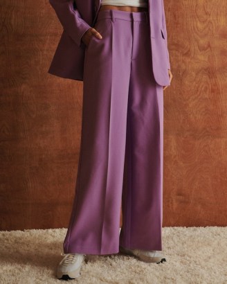 Abercrombie & Fitch Tailored Ultra Wide Leg Pants in Purple – women’s menswear style trousers – womens trouser suits - flipped