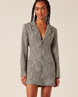 Abercrombie & Fitch Tweed Blazer Mini Dress in Black Houndstooth ~ checked slim fit dresses - flipped