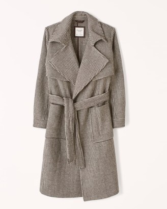 Abercrombie & Fitch Wool-Blend Trench Coat Dark brown plaid ~ women’s checked bouble breasted tie waist coats - flipped