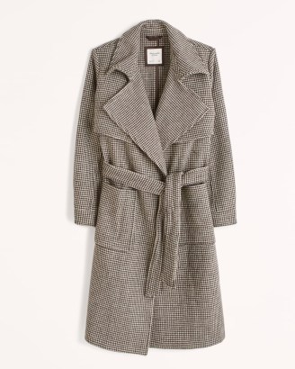 Abercrombie & Fitch Wool-Blend Trench Coat Dark brown plaid ~ women’s checked bouble breasted tie waist coats